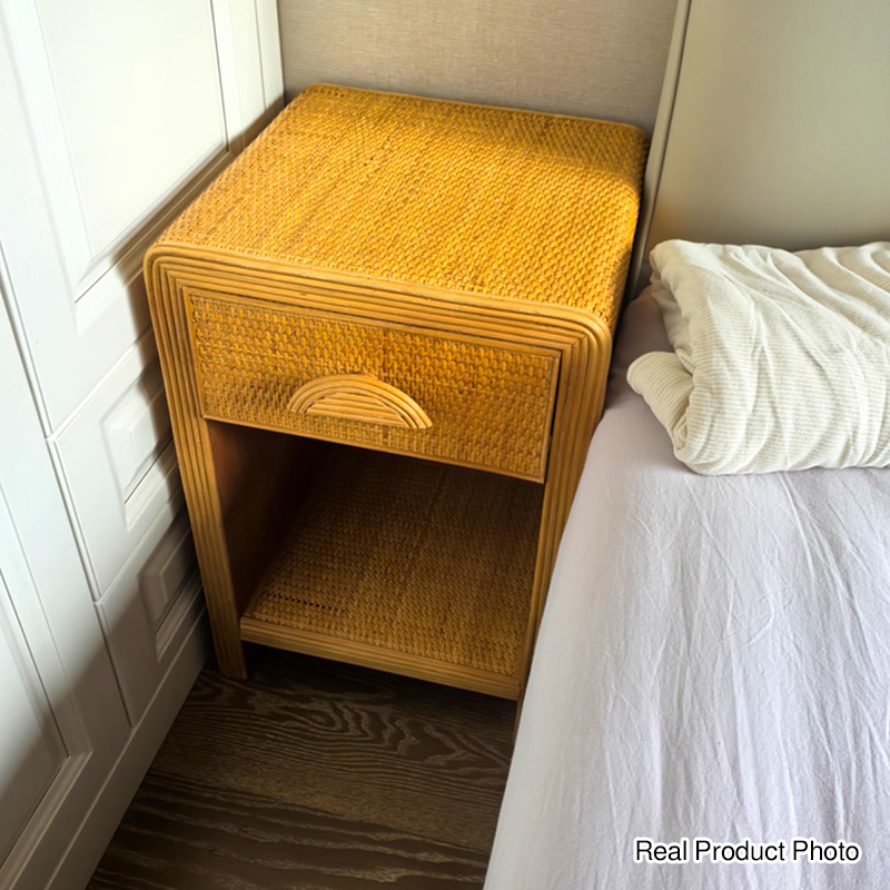 Traditional Rustic Pine Wood Plywood Rattan Weaving Rectangular Lightweight Nightstand 1-Drawer For Bedroom