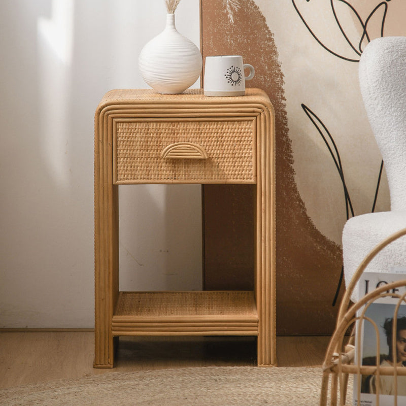 Traditional Rustic Pine Wood Plywood Rattan Weaving Rectangular Lightweight Nightstand 1-Drawer For Bedroom