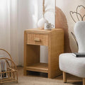 Traditional Rustic Pine Wood Plywood Rattan Weaving Rectangular Lightweight Nightstand 1-Drawer For Bedroom