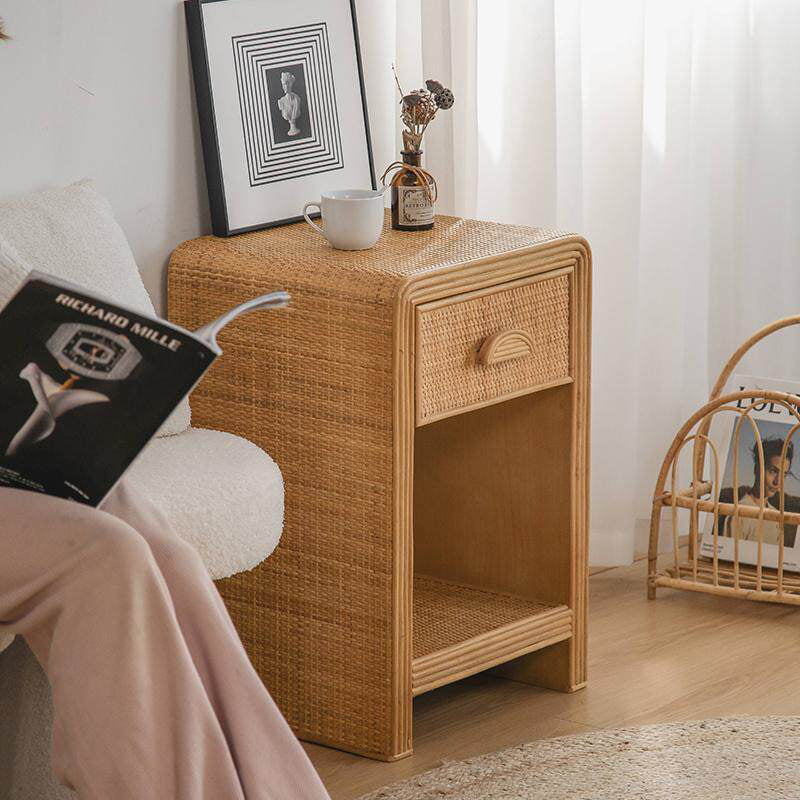 Traditional Rustic Pine Wood Plywood Rattan Weaving Rectangular Lightweight Nightstand 1-Drawer For Bedroom