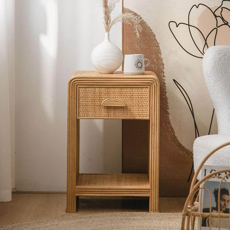 Traditional Rustic Pine Wood Plywood Rattan Weaving Rectangular Lightweight Nightstand 1-Drawer For Bedroom