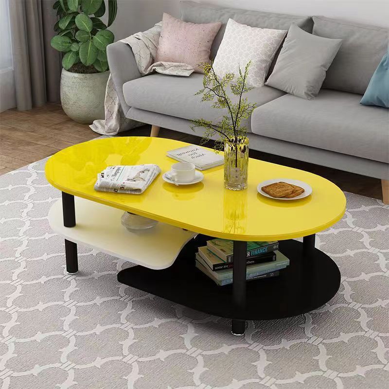 Contemporary Scandinavian Engineered Wood Stainless Steel Curved Oval Coffee Table With 3-Tier For Living Room