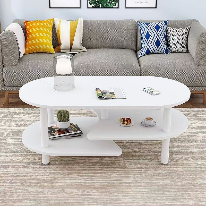 Contemporary Scandinavian Engineered Wood Stainless Steel Curved Oval Coffee Table With 3-Tier For Living Room