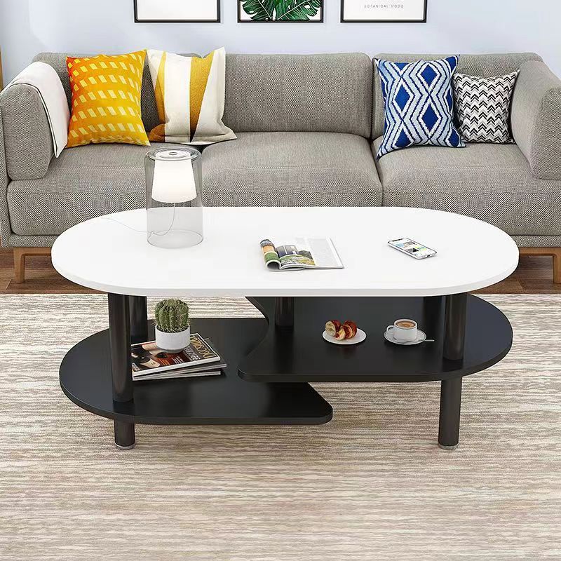 Contemporary Scandinavian Engineered Wood Stainless Steel Curved Oval Coffee Table With 3-Tier For Living Room