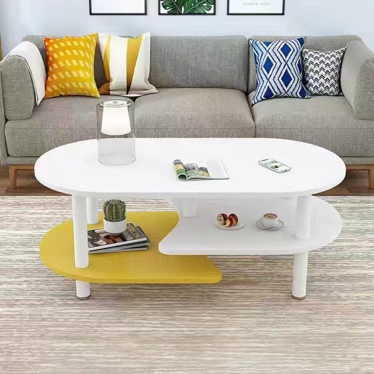 Contemporary Scandinavian Engineered Wood Stainless Steel Curved Oval Coffee Table With 3-Tier For Living Room
