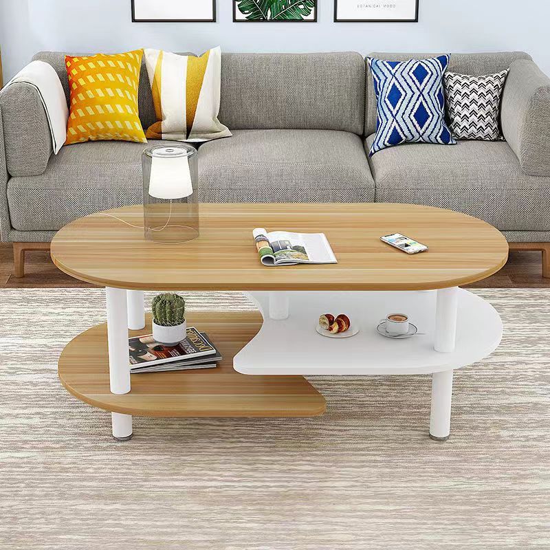 Contemporary Scandinavian Engineered Wood Stainless Steel Curved Oval Coffee Table With 3-Tier For Living Room