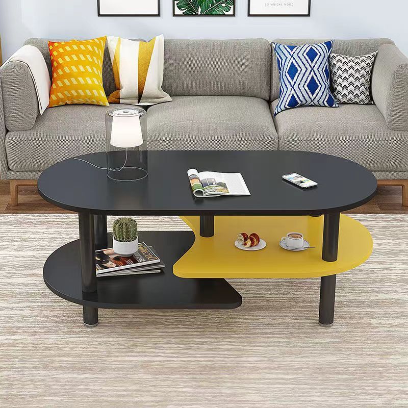 Contemporary Scandinavian Engineered Wood Stainless Steel Curved Oval Coffee Table With 3-Tier For Living Room