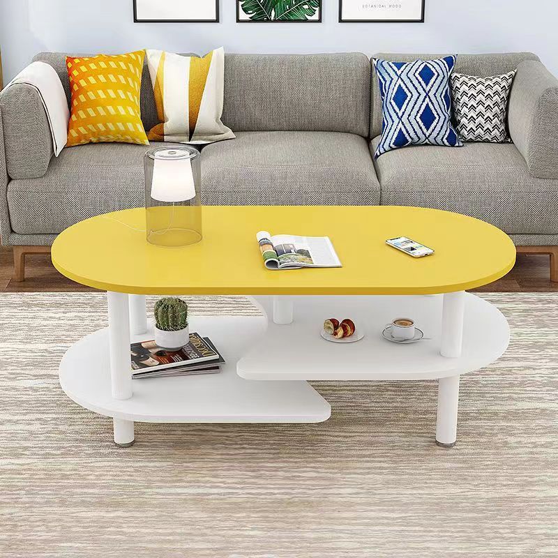 Contemporary Scandinavian Engineered Wood Stainless Steel Curved Oval Coffee Table With 3-Tier For Living Room