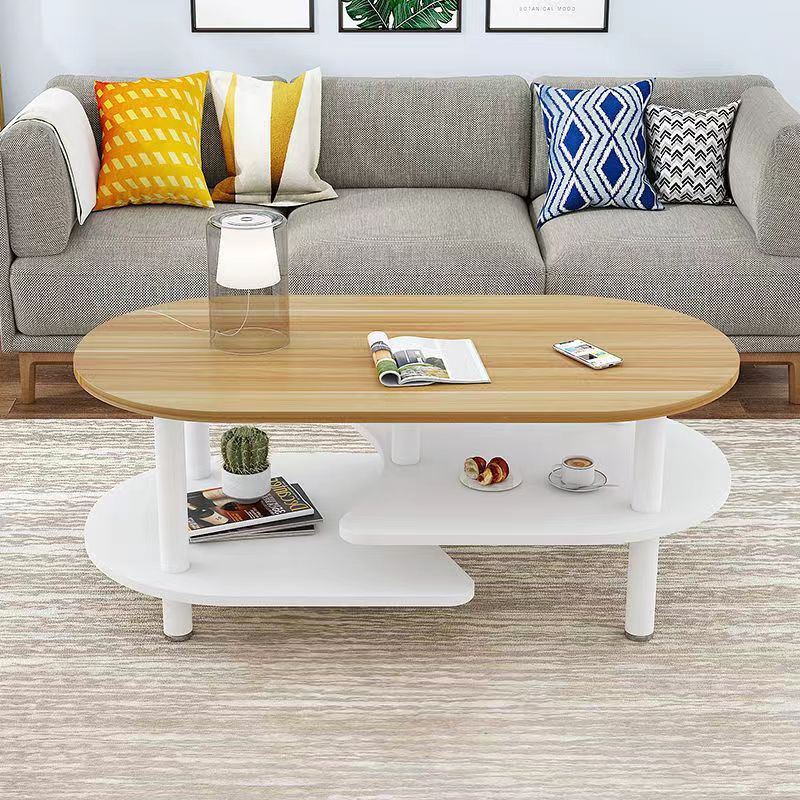 Contemporary Scandinavian Engineered Wood Stainless Steel Curved Oval Coffee Table With 3-Tier For Living Room